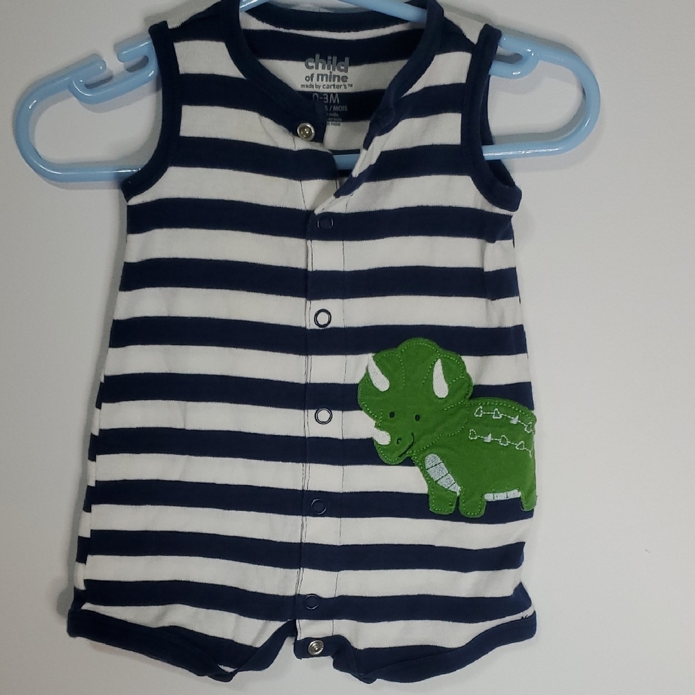 Child of Mine Blue and White Bodysuit with Dinosaur Appliqué